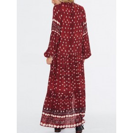 Women Ethnic Print Splited Long Sleeve Vintage Maxi Dress