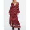 Women Ethnic Print Splited Long Sleeve Vintage Maxi Dress