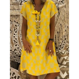Pineapple Print Short Sleeve V-neck Casual Dress For Women