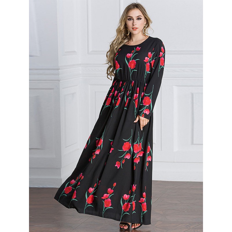 Bohemian Floral Print Long Sleeve O-neck Women Maxi Dresses