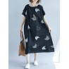 Loose Cat Print Short Sleeve O-neck Vintage Mid-long Dresses