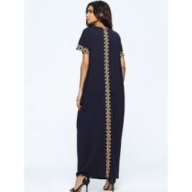 Print Loose Split Short Sleeve O-neck Maxi Dress For Women
