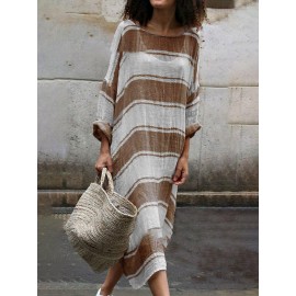 Contrast Color Stripe Loose Long Sleeve Casual Maxi Dress