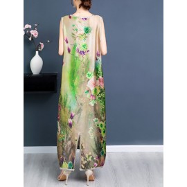 Side Splited Floral Print Elegant Sleeveless Maxi Dresses