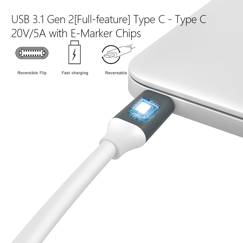 USB 3.1 USB-C Gen 2 E-Marker with 4K Video  20V/5A 85W PD 10 Gbps Data Cable- White 0.5M
