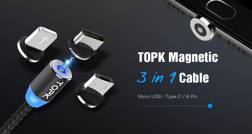 TOPK Nylon Magnetic 3 in 1 Micro USB / Type-C / 8 Pin Cable 100cm- Silver