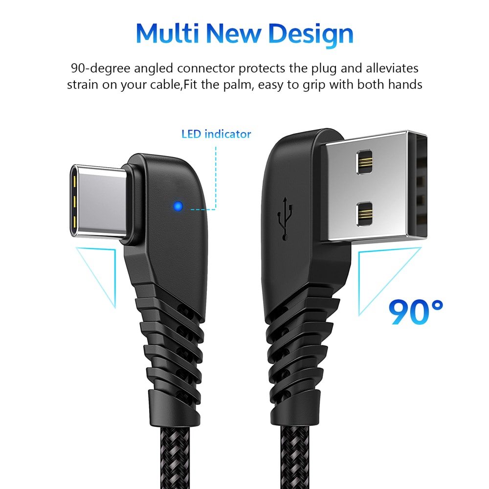 TIEGEM 90 degree USB Type C Cable 2A USB-C Cable Type-C Fast Charging Cord- Twilight Black 30CM