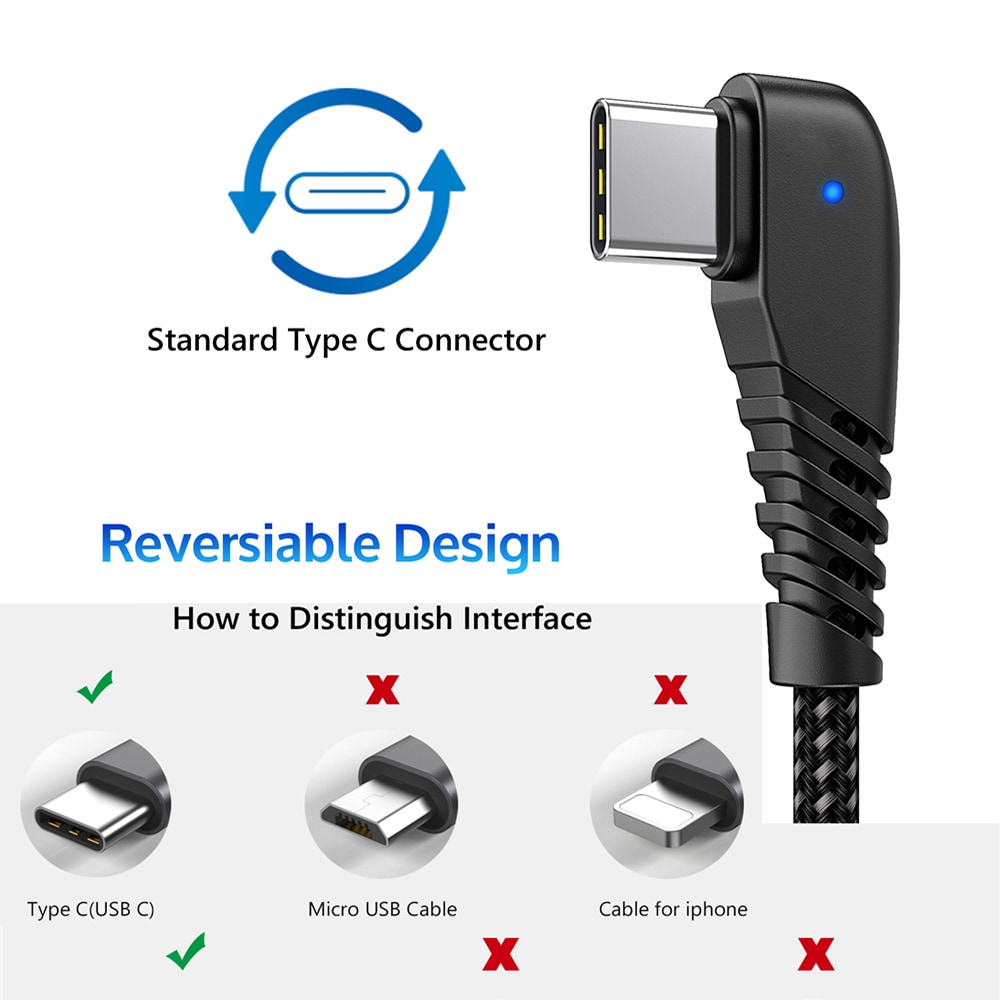 TIEGEM 90 degree USB Type C Cable 2A USB-C Cable Type-C Fast Charging Cord- Twilight Black 30CM