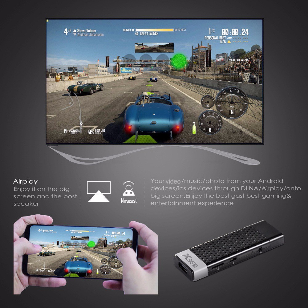 X96S Wireless Display Dongle Android 8.1 / Amlogic S905Y2 / 2.4GHz + 5.8GHz Dual Band WiFi / DT4.2 / HDR / Support 4K H.265- Black 2GB+16GB