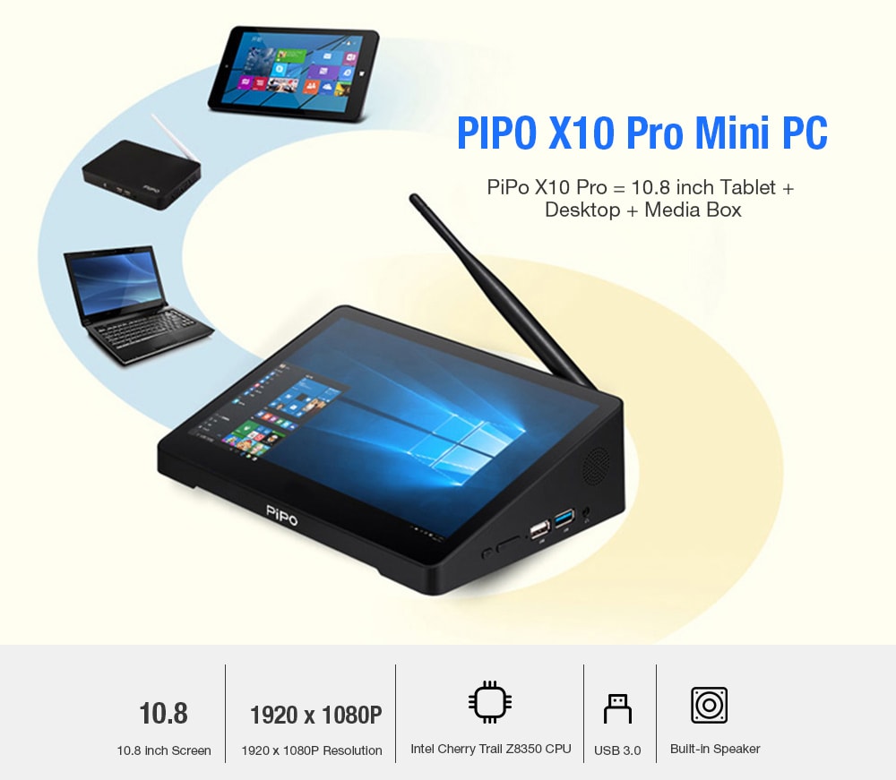 PIPO X10 Pro 10.8 inch Mini PC 1920 x 12800 IPS Screen Intel Cherry Trail Z8350 Intel HD Graphics 400 2GB DDR3 + 32GB ROM 2.4GHz WiFi 1000Mbps USB3.0 BT4.0 Windows10 Support 4K- Black EU Plug