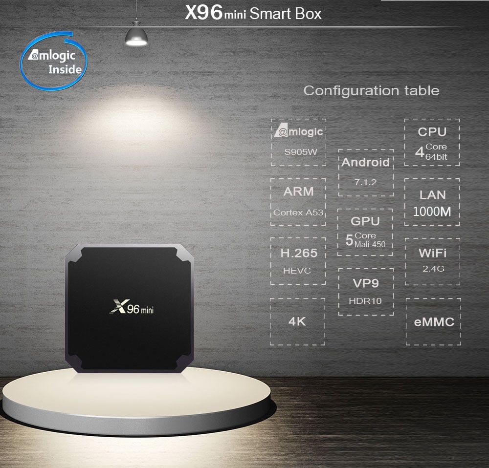 X96 Mini TV Box Android 7.1.2 Amlogic S905W 2.4GHz WiFi BT4.1 Support 4K H.265- Black 1GB RAM+8GB ROM UK Plug
