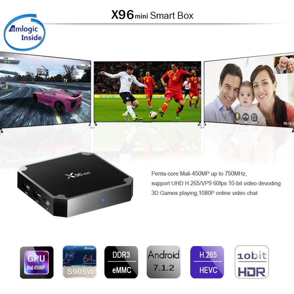 X96 Mini TV Box Android 7.1.2 Amlogic S905W 2.4GHz WiFi BT4.1 Support 4K H.265- Black 1GB RAM+8GB ROM UK Plug