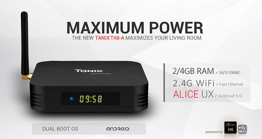 Tanix TX6 - A TV Box Allwinner H6 / Dual-antenna / Android 9.0 / USB3.0 + 2 x USB 2.0 / 2.4G WiFi / Support 6K H.265- Black 2GB RAM + 16GB ROM EU Plug