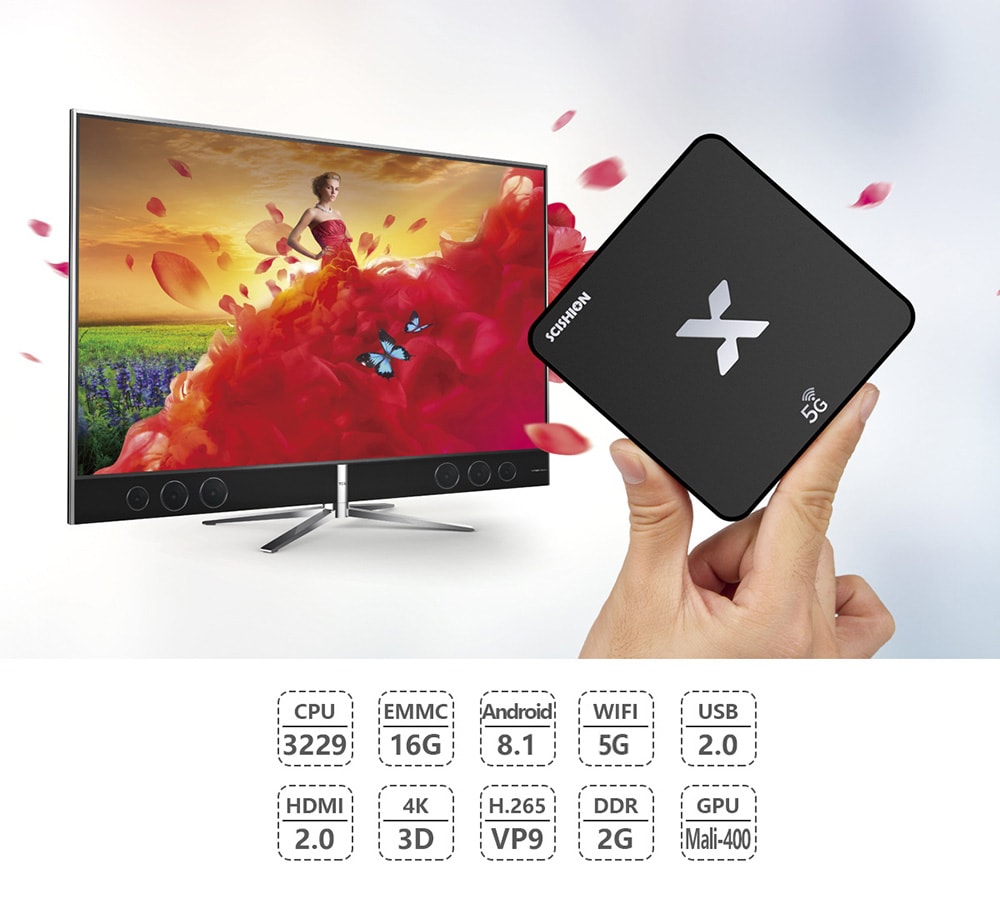 SCISHION Model X TV Box Rockchip3229 Android 8.1 2GB RAM + 16GB ROM 5G WiFi 100Mbps Support 4K H.265- Black US Plug