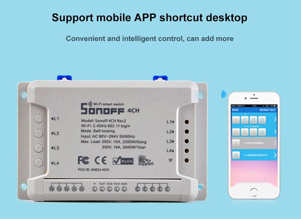 SONOFF 4CH R2 Inching Self-locking Mobile Phone Remote Control Timing Multi-channel Intelligent Switch- White