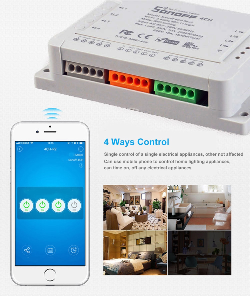 SONOFF 4CH R2 Inching Self-locking Mobile Phone Remote Control Timing Multi-channel Intelligent Switch- White