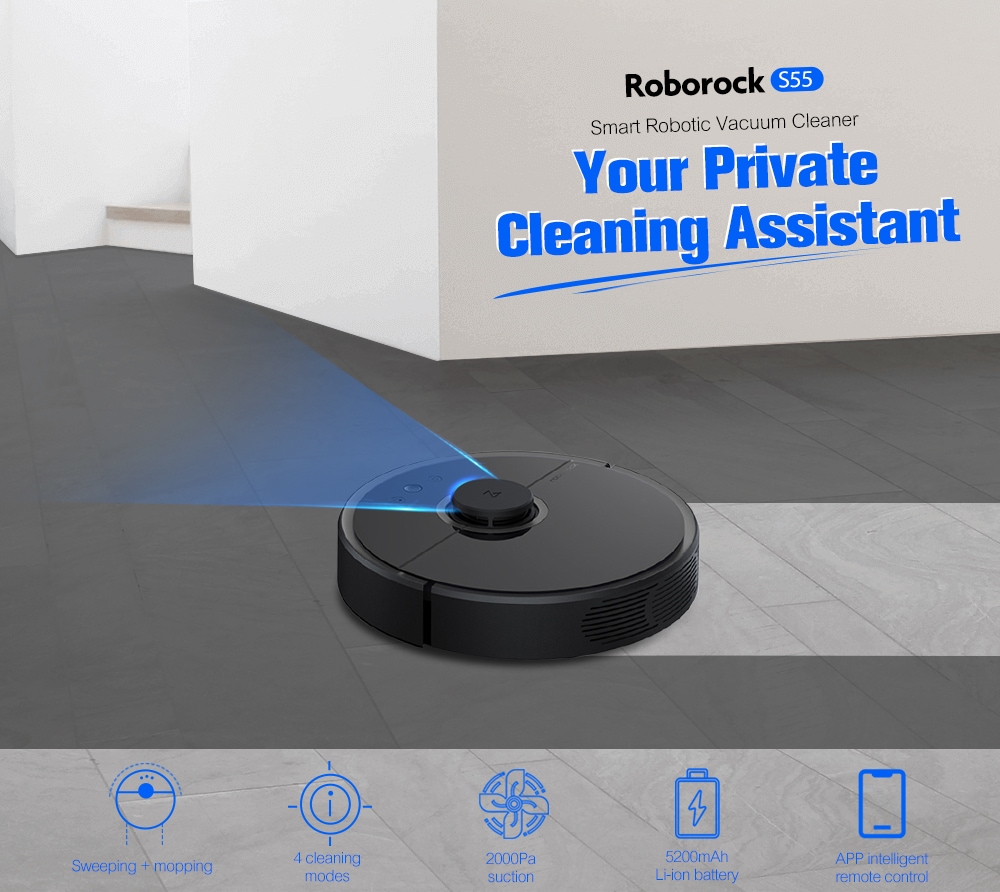 Roborock S55 Smart Robotic Vacuum Cleaner Intelligent Household Sweeper- Black