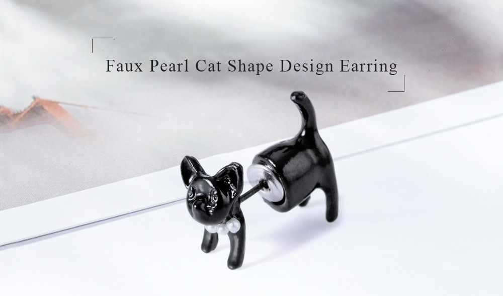 ONE PIECE Artificial Pearl Cat Shape Design Earring - Black