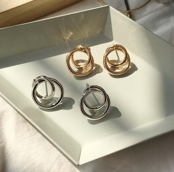 Simple Double Hoop Metal Stud Earrings- Golden