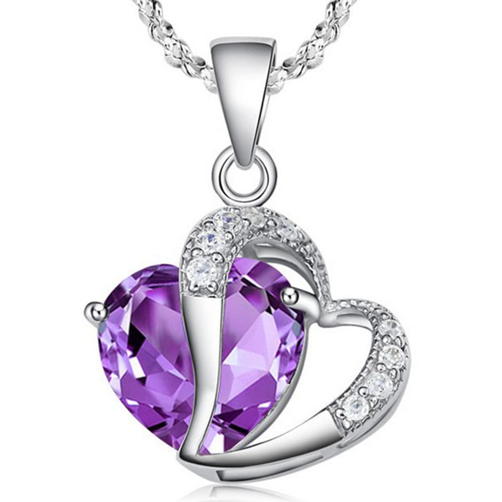 Sterling Silver Faux Crystal Gemstone Amethyst Heart Pendant Necklace - Purple