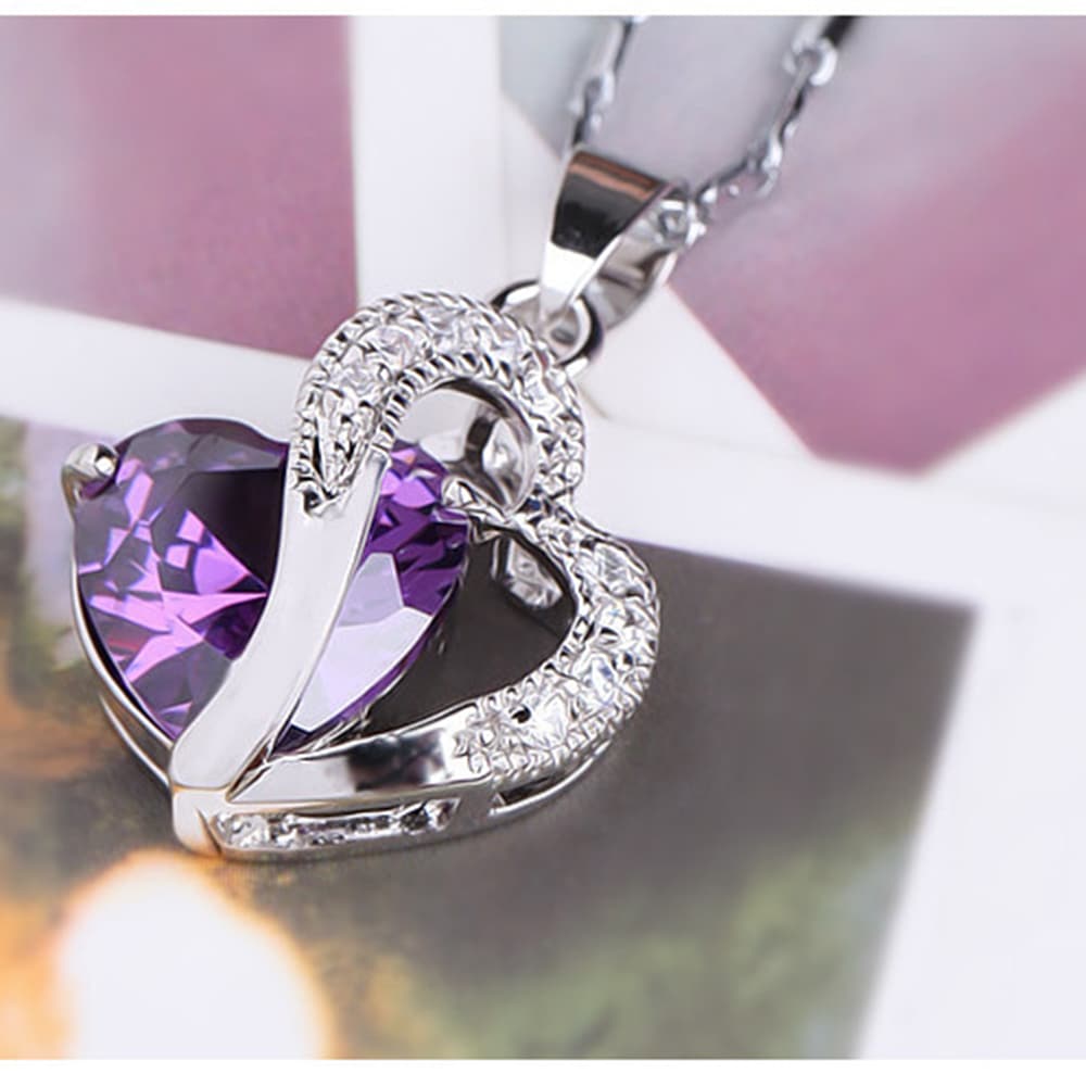 Sterling Silver Faux Crystal Gemstone Amethyst Heart Pendant Necklace - Purple
