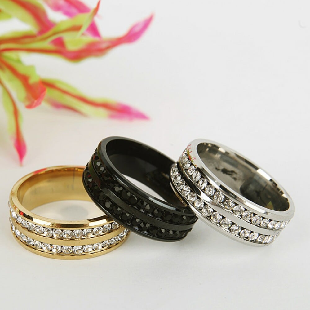 Womens Mens Fashion Double Rows Rhinestones Titanium Steel Wedding Jewelry Ring- Gunmetal US 13