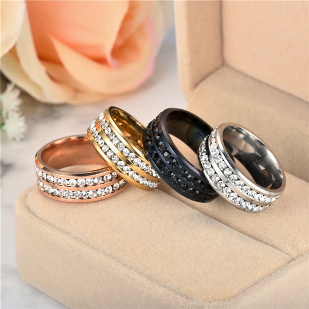 Womens Mens Fashion Double Rows Rhinestones Titanium Steel Wedding Jewelry Ring- Gunmetal US 13