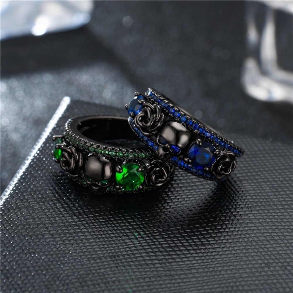 Women Men Punk Skull Jewelry Ring Charm White Red Blue Green Cubic Zirconia Ring- Red US 6