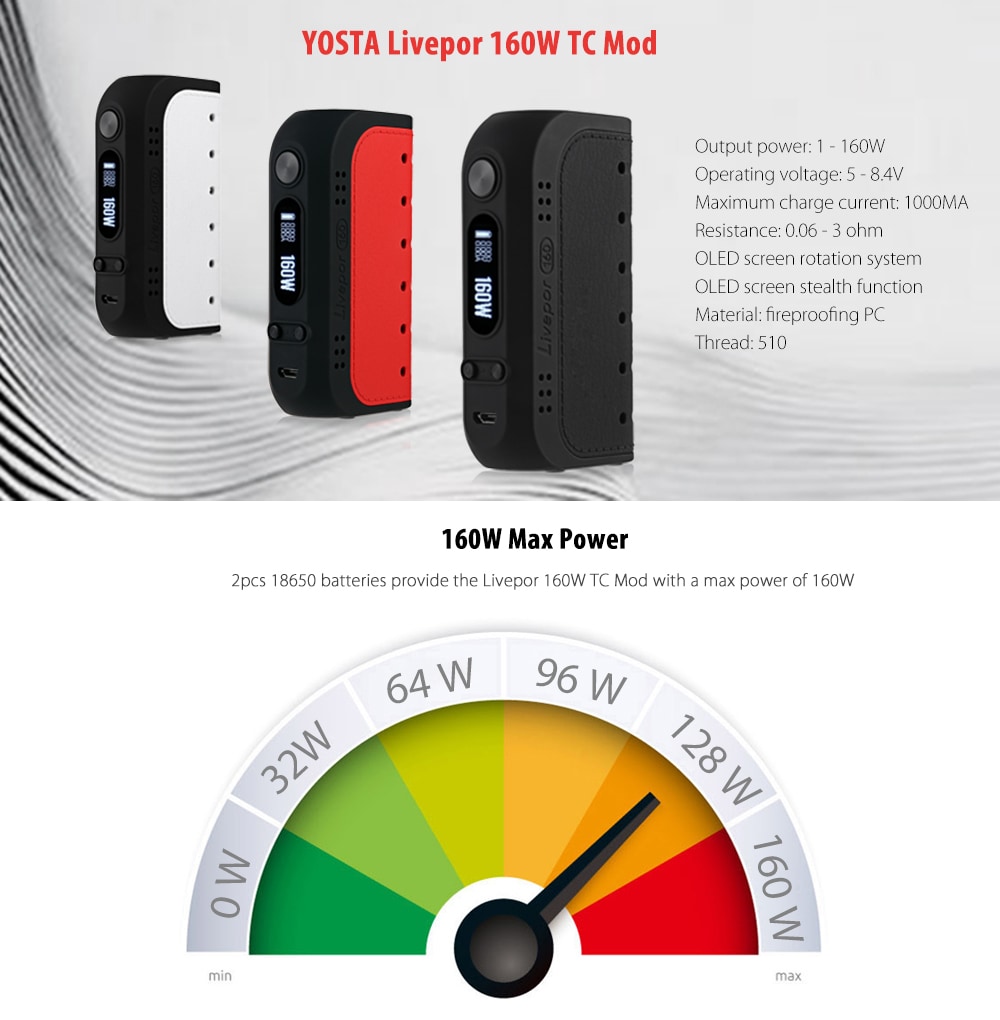 Original YOSTA Livepor 160W TC Mod with 5 - 8.4V / 100 - 300C / 200 - 600F / Multiple Modes for E Cigarette- White