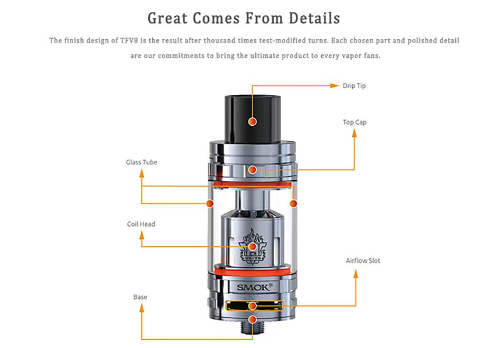 Original Smok TFV8 Cloud Beast Tank Atomizer with 5.5 / 6.0ml / 4 Unique Patented Turbo Engine / Bigger Heating Air Tube E Cigarette Clearomizer- Golden