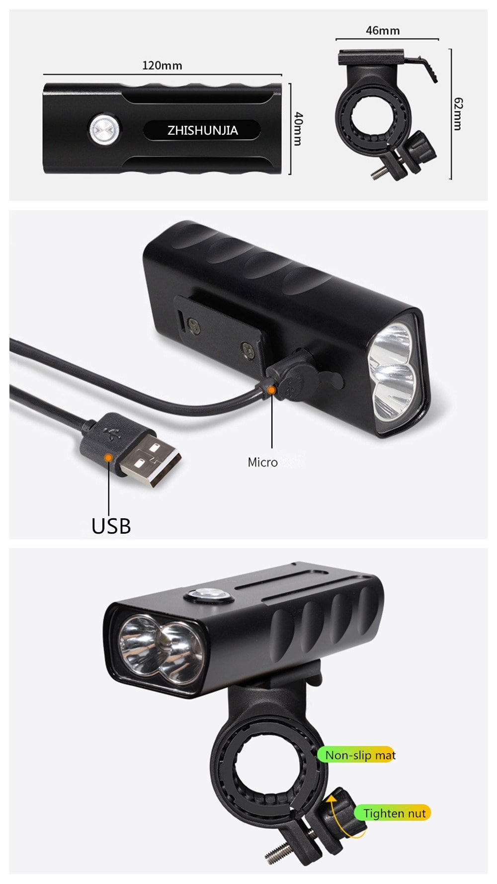 ZHISZHISHUNJIA BX2 1600lm 3-Mode LED Flashlight USB Rechargeable Bicycle Lamp- Black