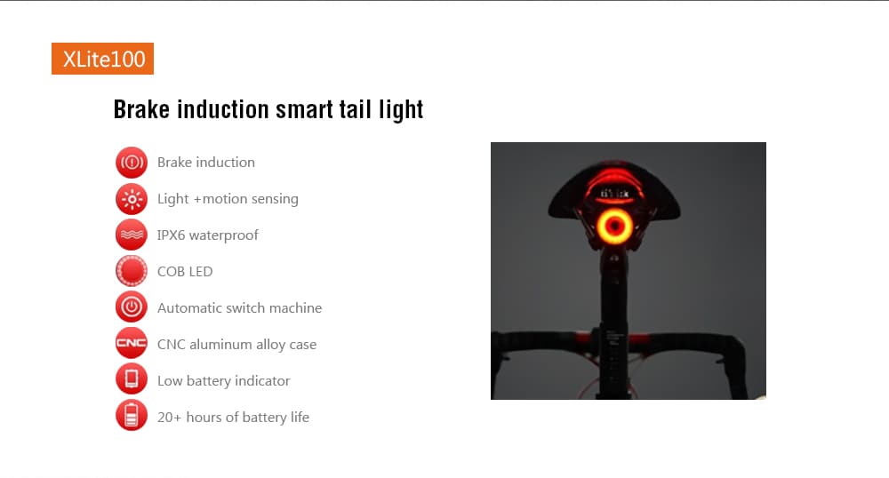 Xlite100 Bicycle Intelligent Induction Brake Lights USB Charging Night Taillights- Black Seat tube