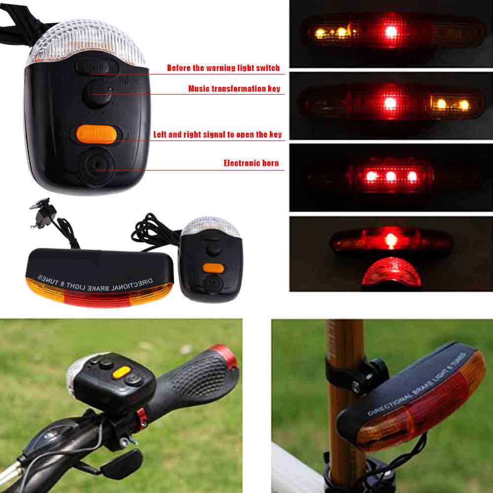 XC - 408 7 LED Bicycle Bike Cycling Turn Night Brake Light 8 Tunes Horn Turning Break Night  Lamp- Black
