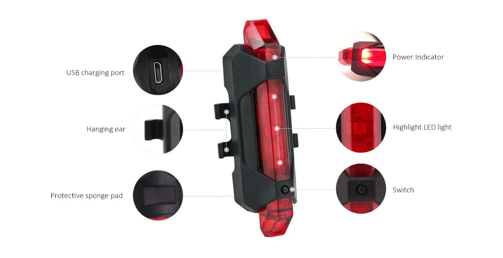 USB Rechargeable LED Tail Light Waterproof Bright Caution Lamp- Fire Engine Red