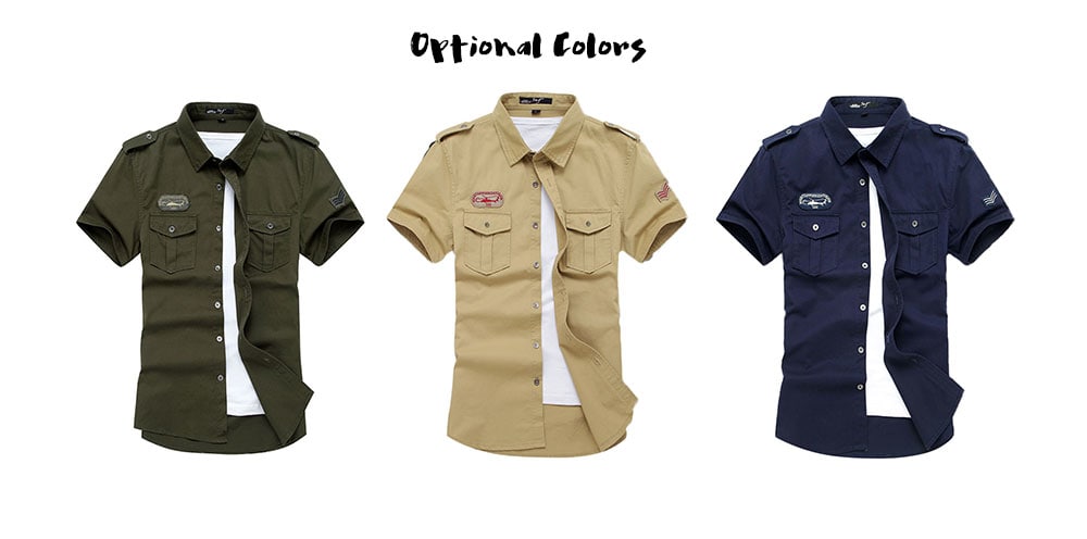 Breathable Stand Collar Military Uniform Short Sleeve Shirt for Men- Light Khaki M