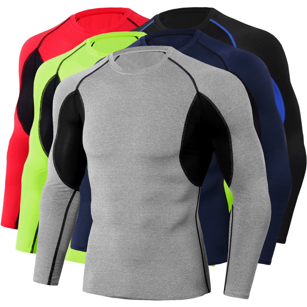 Tight Stretch Sports Fitness Training Round Neck Long Sleeve Men'S T - Shirt- Multi-F 2XL