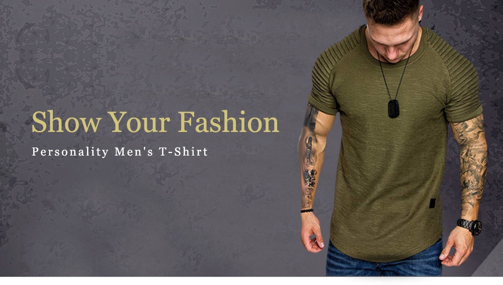 Shoulder Pleated Design Round Neck Short Sleeve T-shirt- Army Green XL