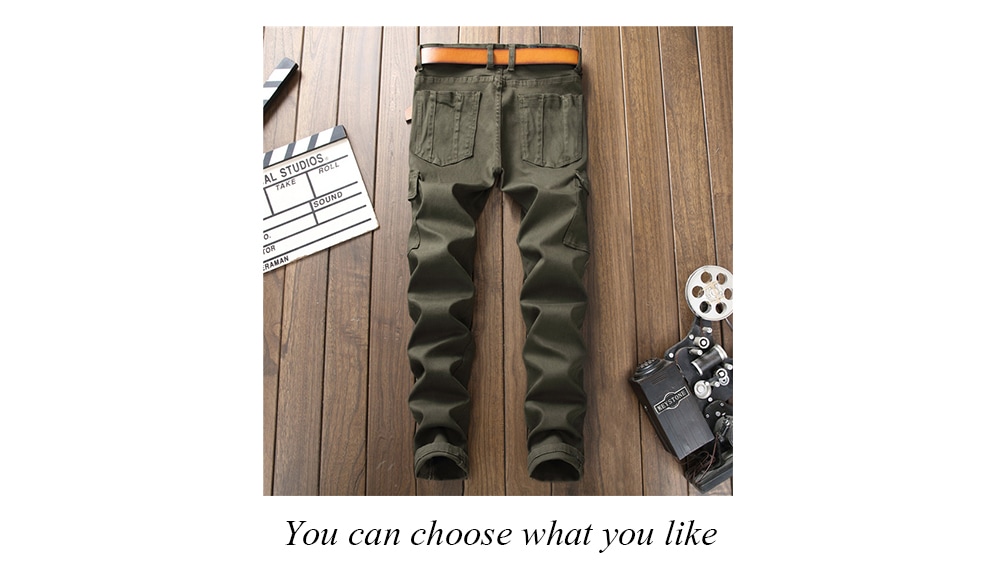 Zipper Fly Panel Design Pockets Cargo Jeans- Army Green 30