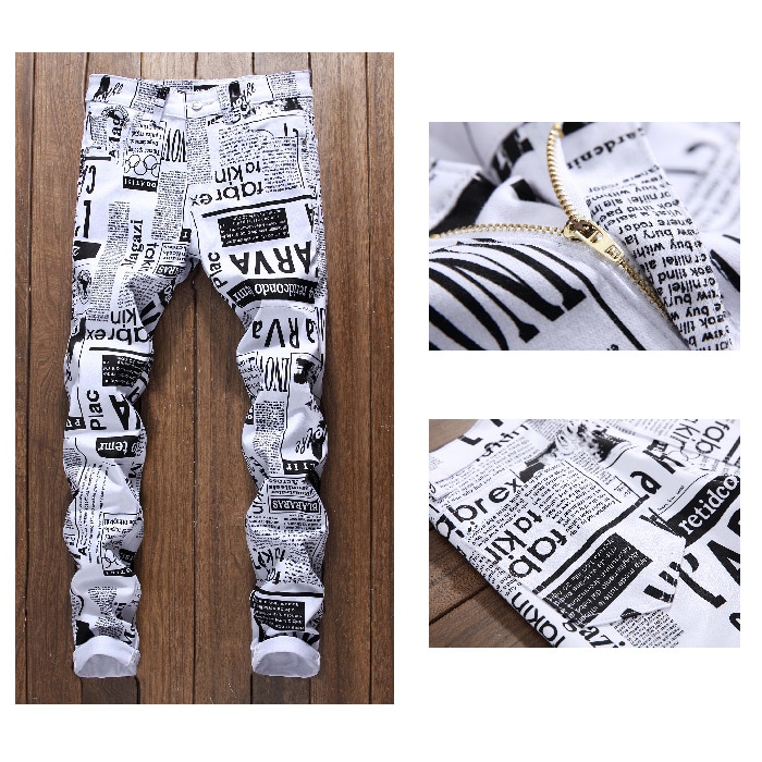 Zipper Fly Newspapers Print Skinny Jeans- White 34