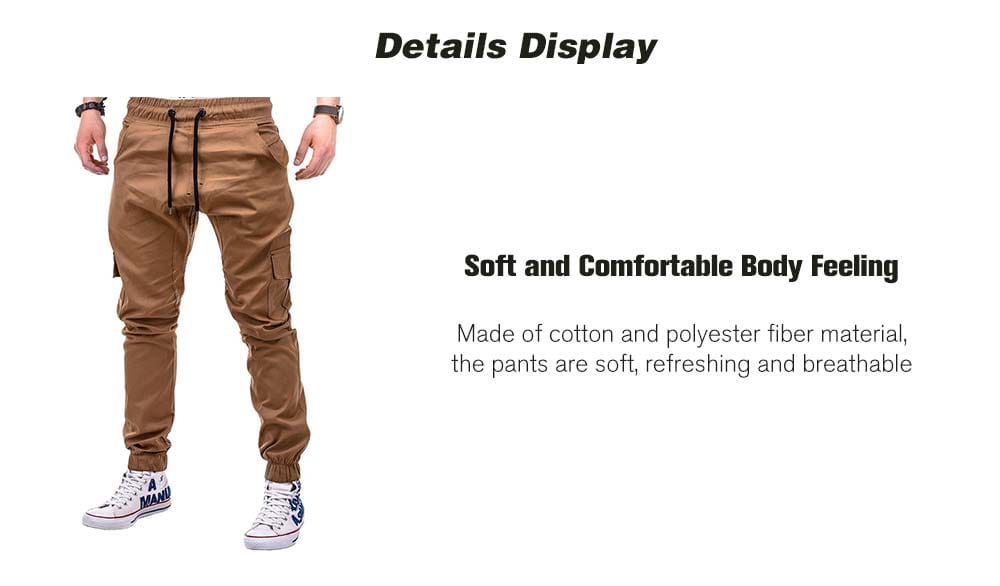 Fashion Solid Color Side Pockets Tether Elastic Belt Casual Beam Pants for Men- Caramel XL