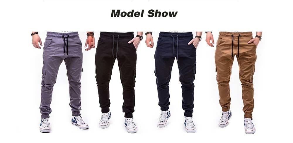 Fashion Solid Color Side Pockets Tether Elastic Belt Casual Beam Pants for Men- Caramel XL