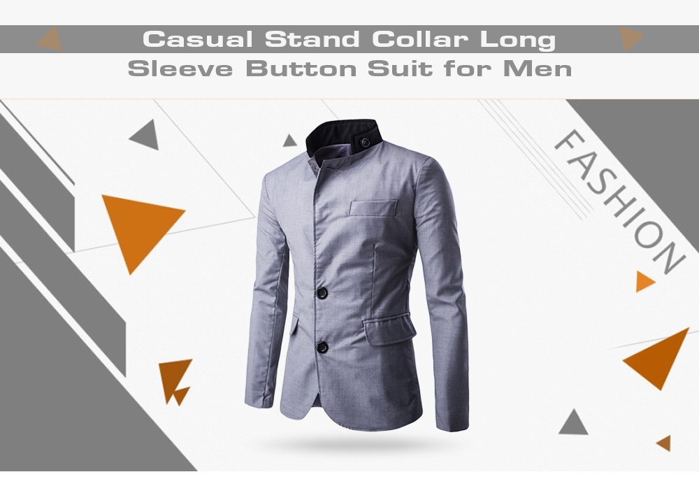 Casual Stand Collar Long Sleeve Button Pocket Men Suit- Black L