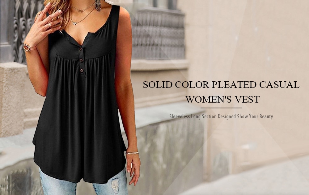 Solid Color Brace Tank Top Pleated Slip Camisole Sleeveless Casual Women's Vest- Black 3XL