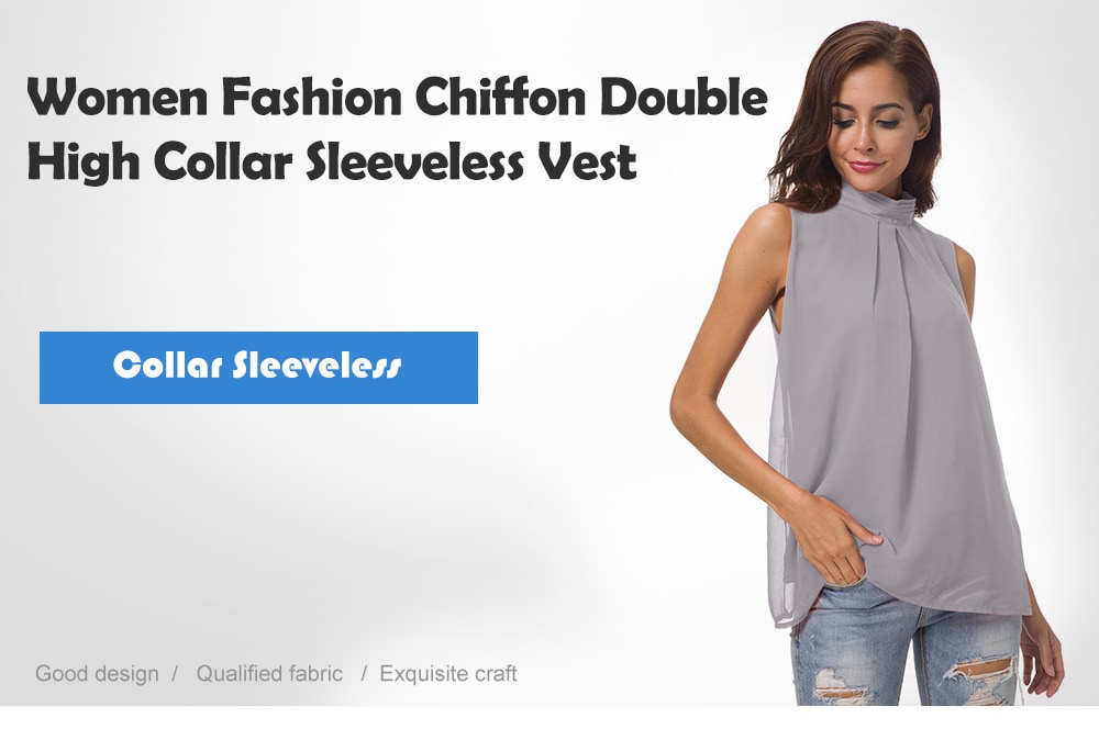Women Fashion Chiffon Double High Collar Sleeveless Vest- Red 3XL