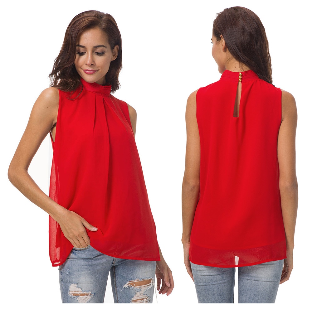 Women Fashion Chiffon Double High Collar Sleeveless Vest- Red 3XL