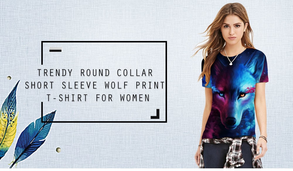 Trendy Round Collar Short Sleeve Wolf Print Women T-shirt- Lake Blue XL