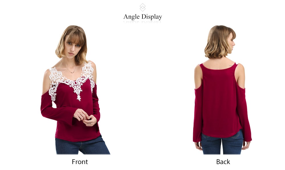 Sexy V-Neck Flare Sleeve Cut Out Lacework Deisgn Spliced Women T-Shirt- Red 2XL