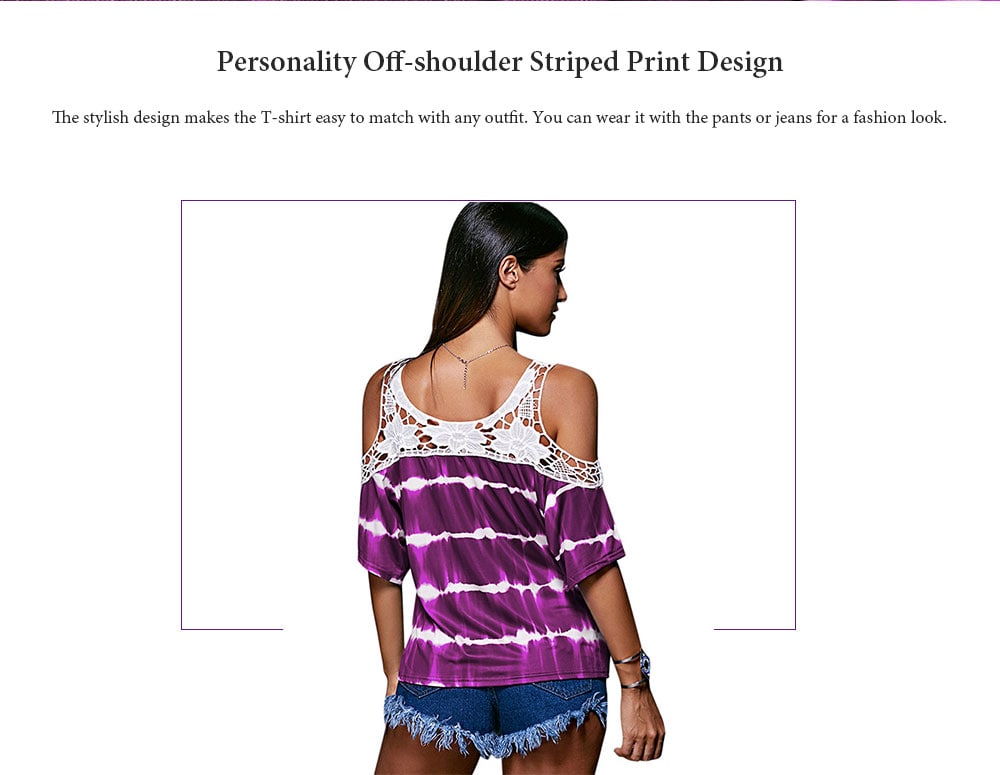 Women's T-shirt Casual Off-shoulder Striped Print Lace Stitching - Purple S
