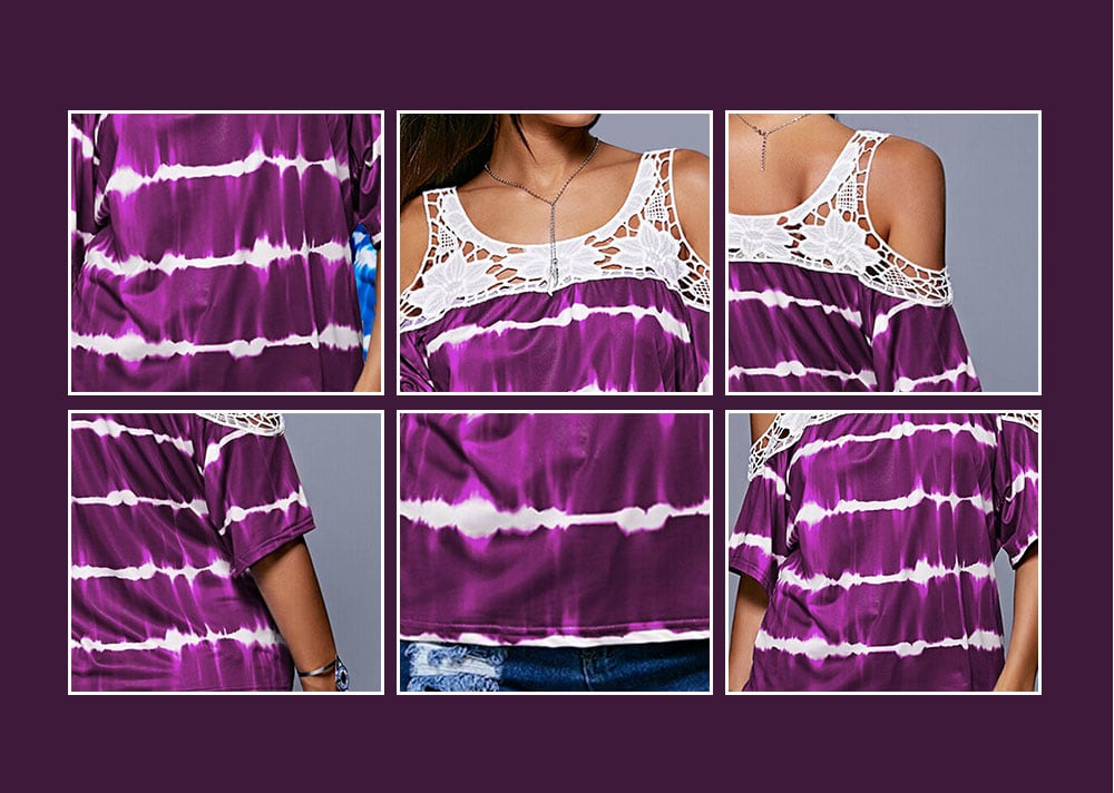 Women's T-shirt Casual Off-shoulder Striped Print Lace Stitching - Purple S