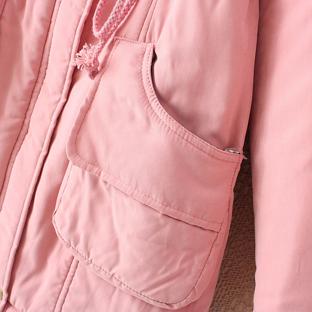 Women's Hooded Drawstring Elastic Waist Front Pokets Thicken Coat- Pink 2XL